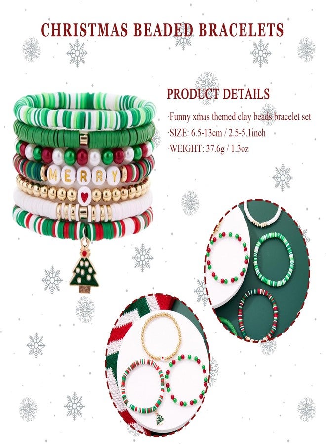 Sfoni 7Pcs Christmas Beaded Bracelet, Preppy Heishi Bracelets MERRY Letter Stack Vinyl Disc Beads Surfer Stretch Bracelet XMAS Party Decor Festive Cosplay Jewelry Gifts for Her Him, Green - Image 2